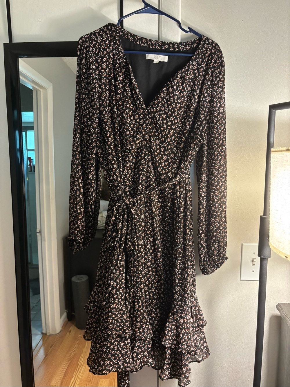 LOFT Black Long-Sleeve Floral Wrap Dress with Pink Accents